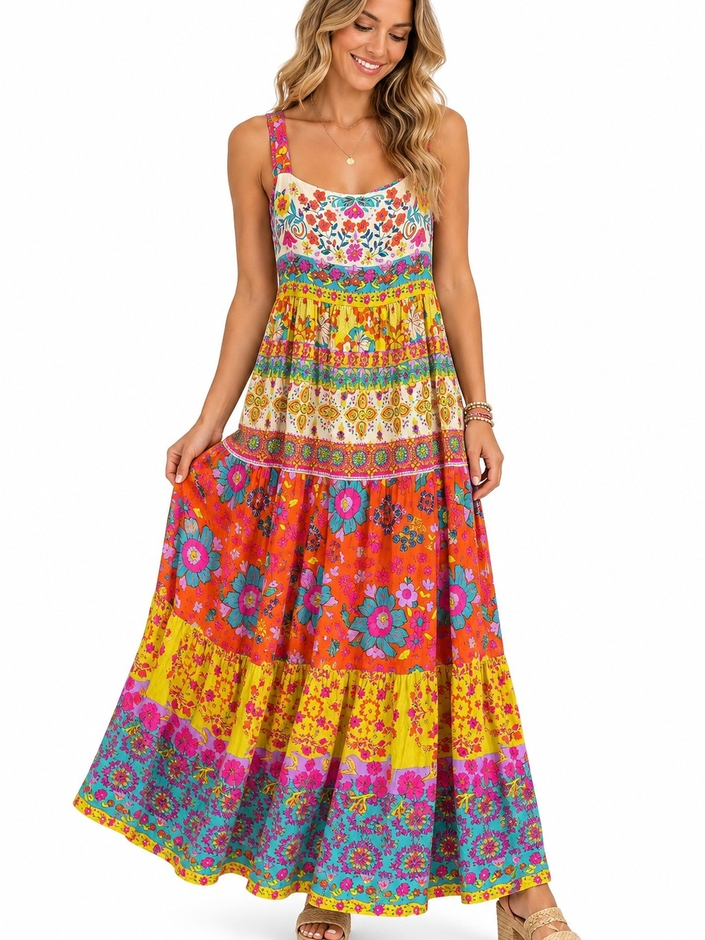 Natural Life Bohemian Floral Tiered Maxi Dress Small